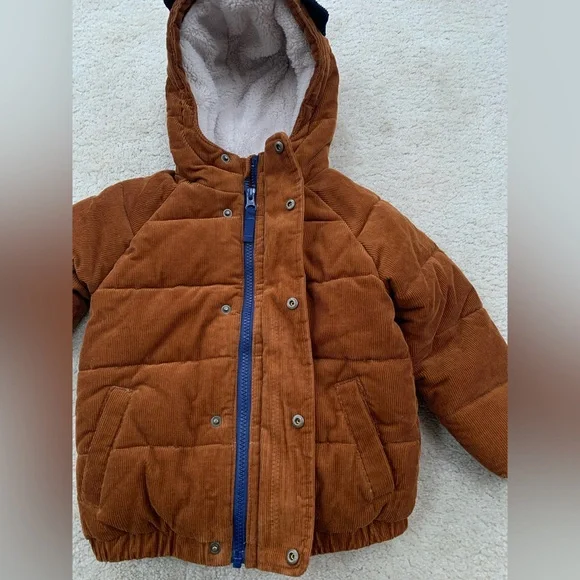 Mini Boden Size 18-24 Months Brown Corduroy Sherpa Lined Dog Hooded Puffer Coat - Picture 5 of 10